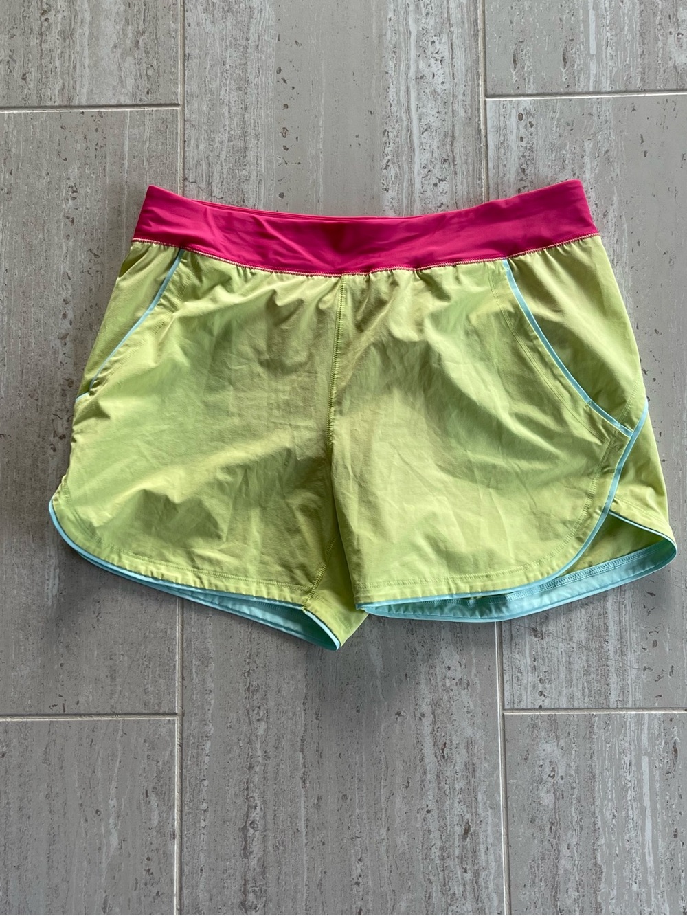 Lands' End Bright Lime Athletic Shorts Pink Waistband and built in Briefs